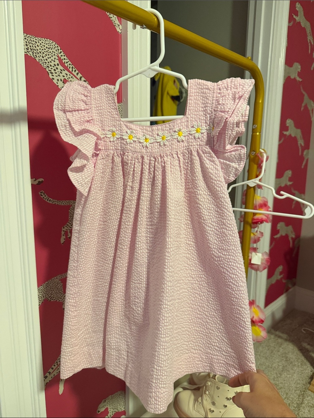 Pink Daisy-Trim Seersucker dress